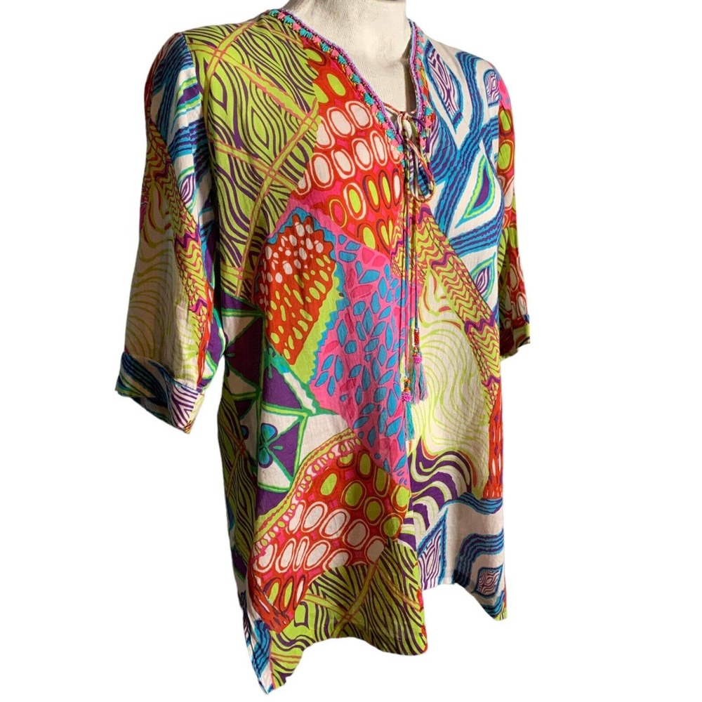 KikiSol Beach Size Large Boho Swim Cover Up Tunic Dress Colorful V Neck Beading